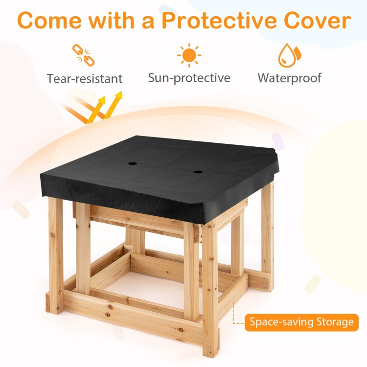 Wooden sand and water table for kids with a protective cover, made of natural fir wood, ideal for outdoor play.