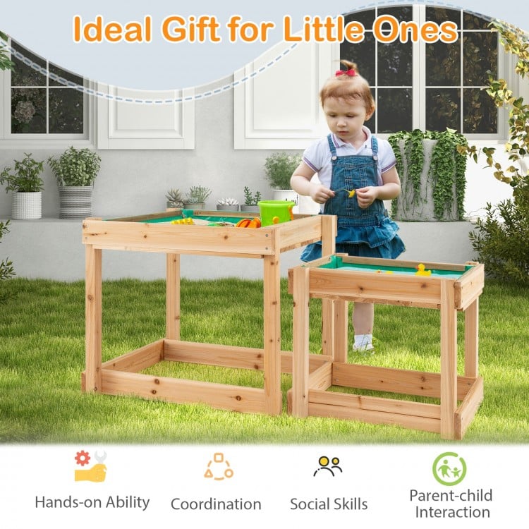Wooden sand and water table for kids, showcasing a natural fir wood finish, designed for enhancing hands-on skills.