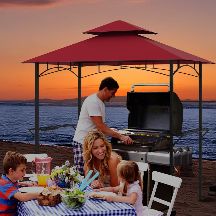 Outdoor double-tiered grill gazebo canopy in red with shelves and hooks, ideal for patios and backyard cooking.