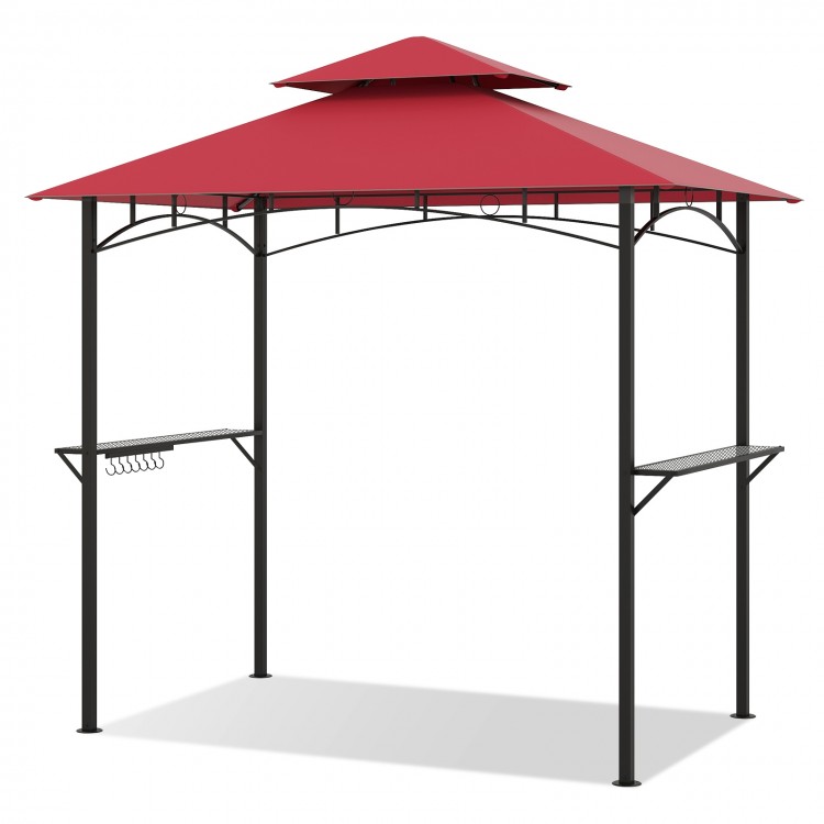 Outdoor double-tiered grill gazebo canopy in red with two shelves and seven hooks for organizing grilling essentials.