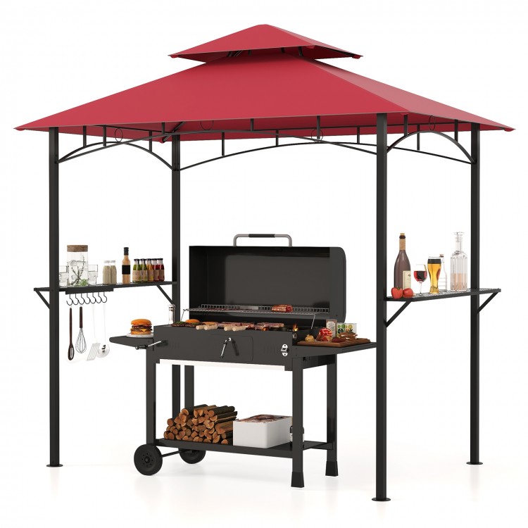 Outdoor double-tiered grill gazebo canopy in red with 2 shelves and 7 hooks, ideal for patios and gardens.