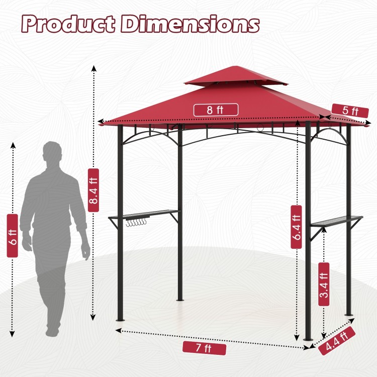 Outdoor double-tiered grill gazebo canopy with red polyester roof, dimensions shown for patio and garden use.