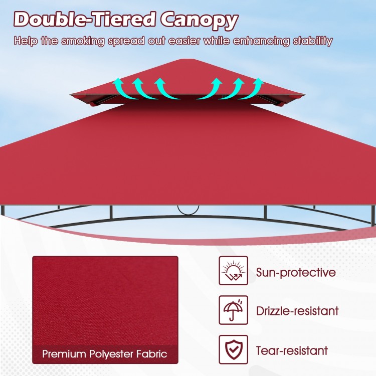Outdoor double-tiered grill gazebo canopy in red, made of premium polyester, ideal for patios and gardens with storage.