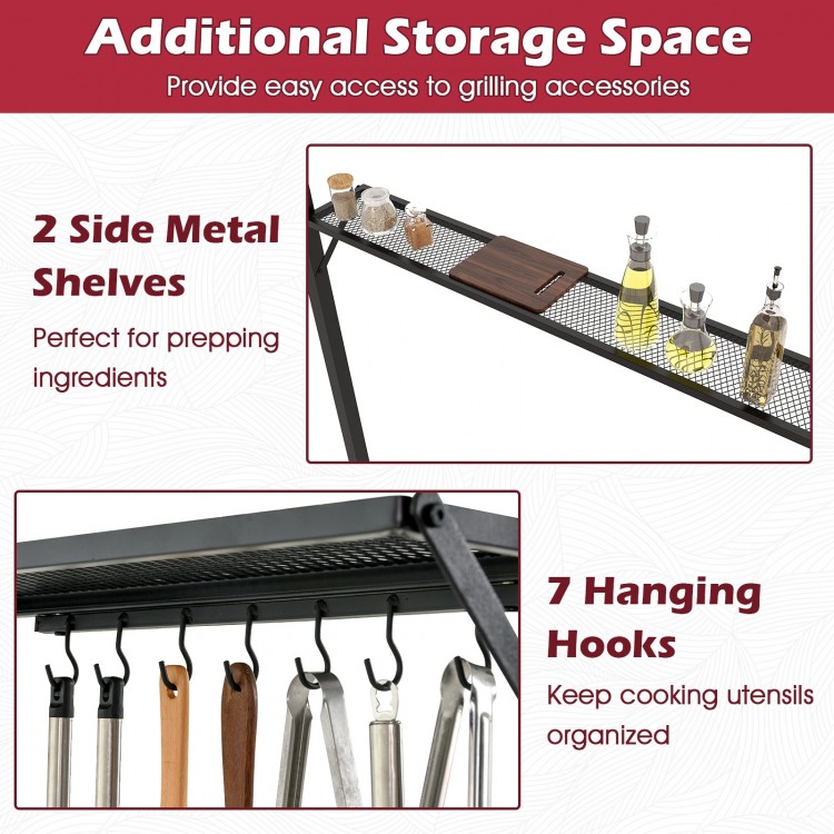 Double-tiered grill gazebo with 2 metal shelves and 7 hooks for organizing cooking utensils and prepping ingredients.