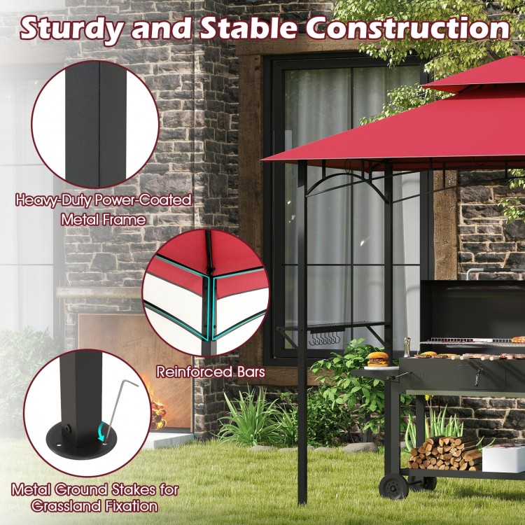 Double-tiered red grill gazebo canopy with heavy-duty metal frame, reinforced bars, and ground stakes for stability.