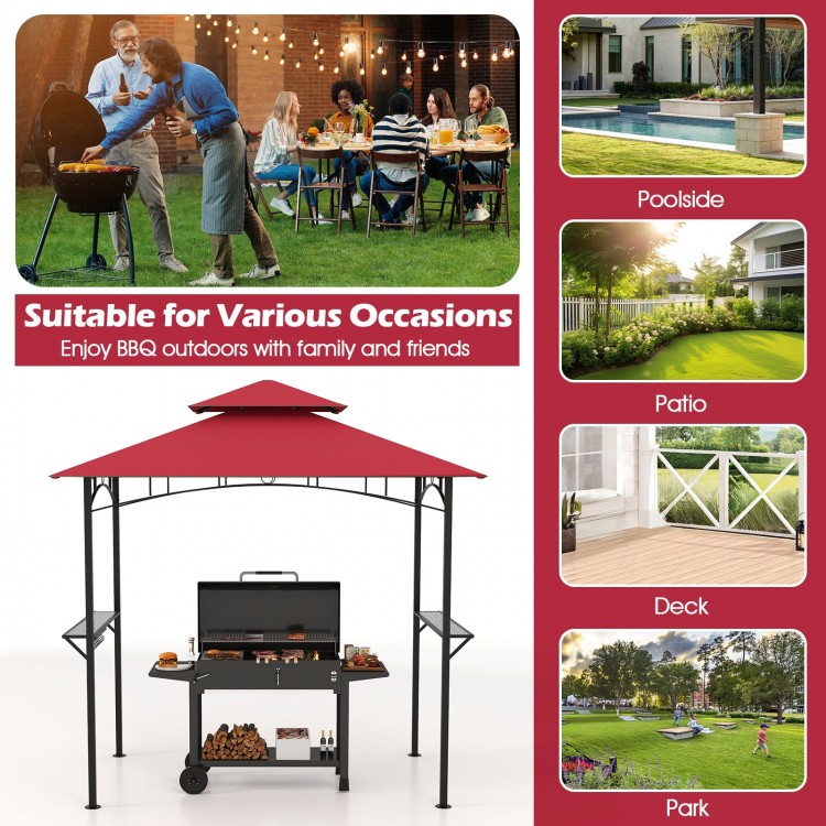 Outdoor double-tiered grill gazebo canopy in red with shelves and hooks, perfect for patio and poolside BBQ gatherings.