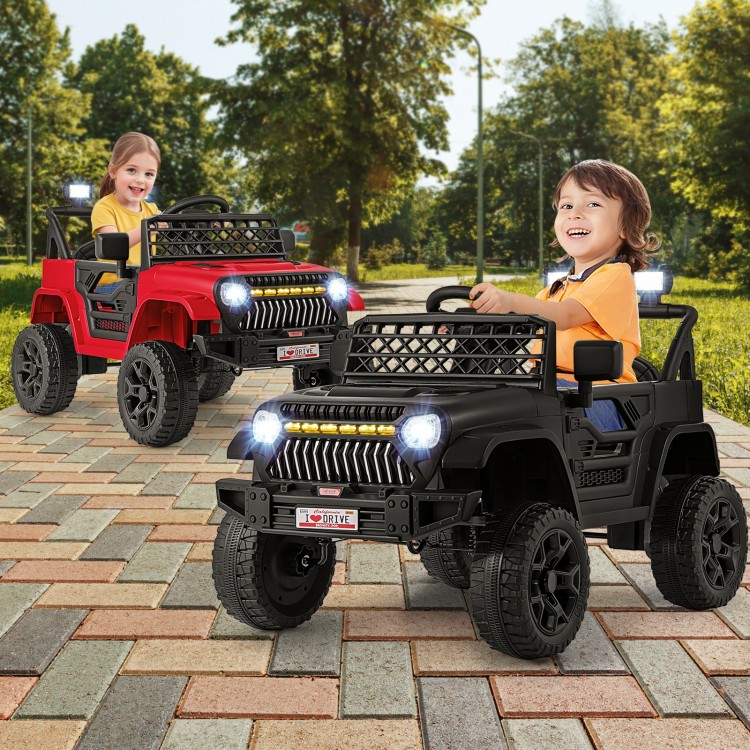 Two kids enjoying their 12V ride-on truck cars in black and red, featuring LED lights and parental remote control.