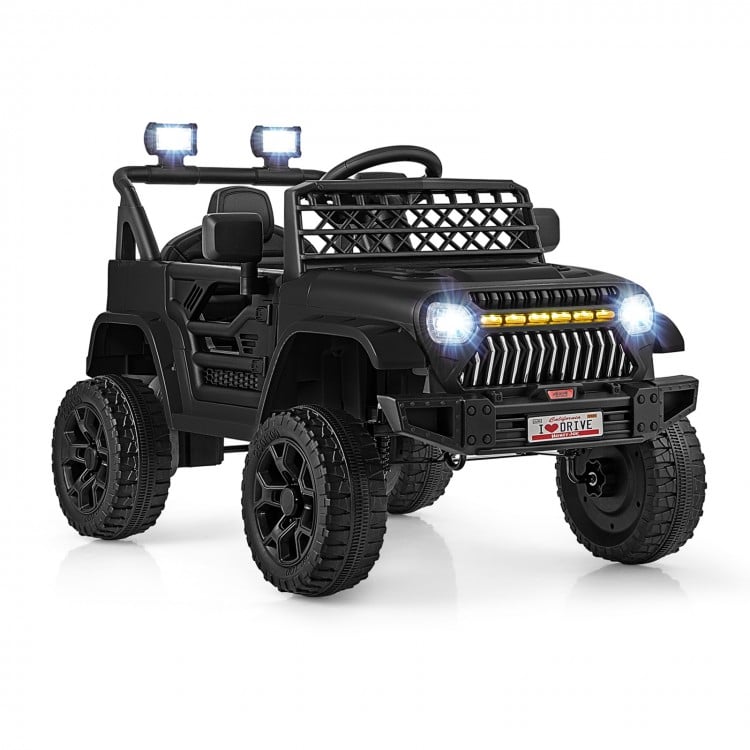 Black 12V kids ride-on truck with parental remote, LED lights, and large anti-slip tires for outdoor fun.