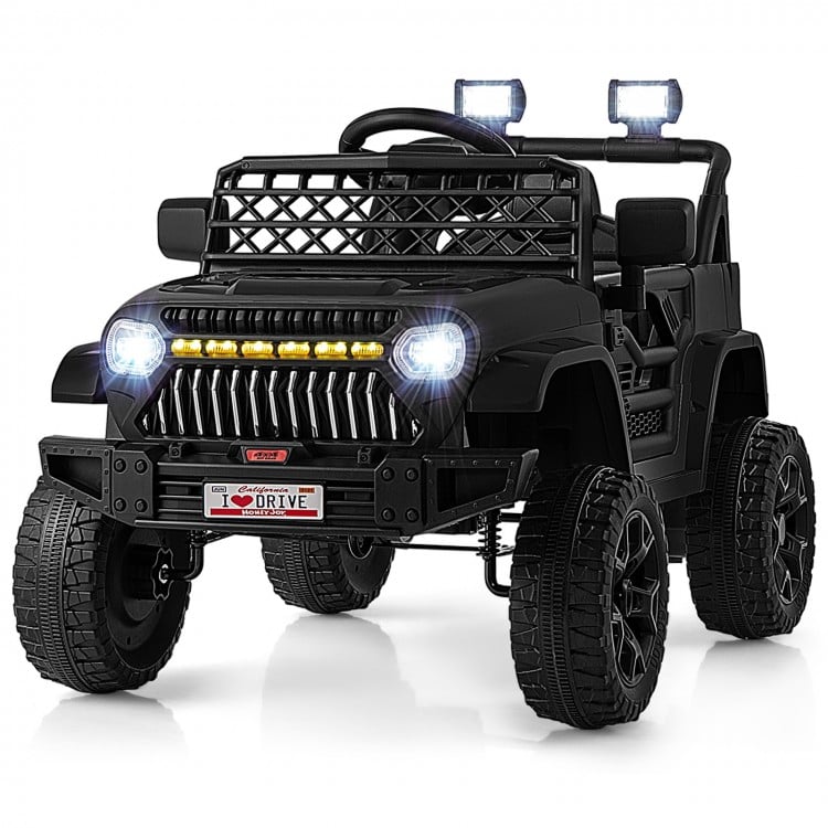 Black 12V kids ride-on truck with parental remote, LED lights, and large anti-slip tires for secure driving.
