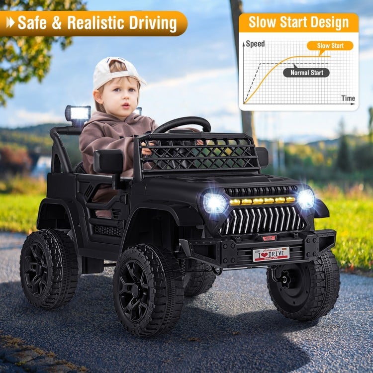 Black 12V kids ride-on truck with parental remote, LED lights, and large anti-slip tires for safe outdoor fun.