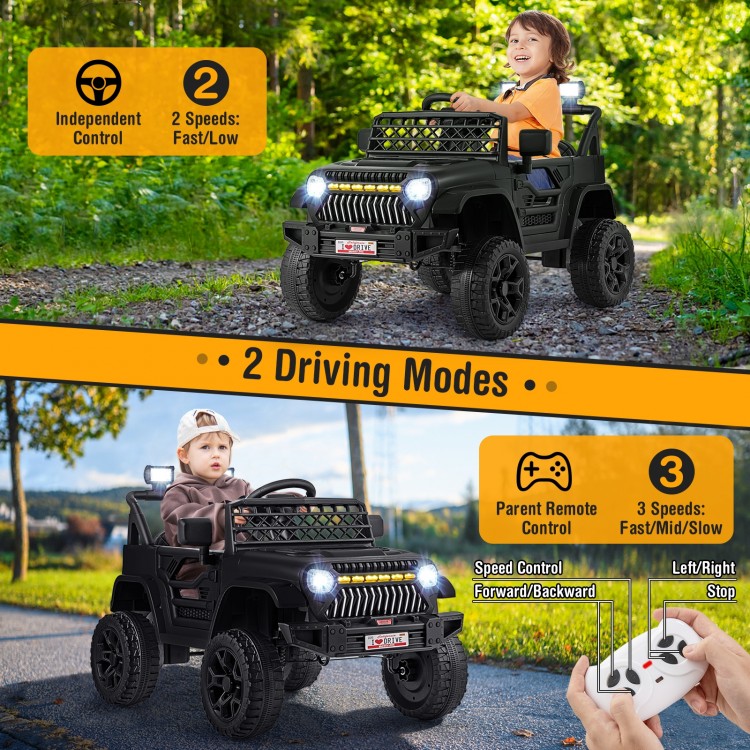 Black 12V kids ride-on truck with parental remote, featuring large tires, LED lights, and music player for outdoor fun.