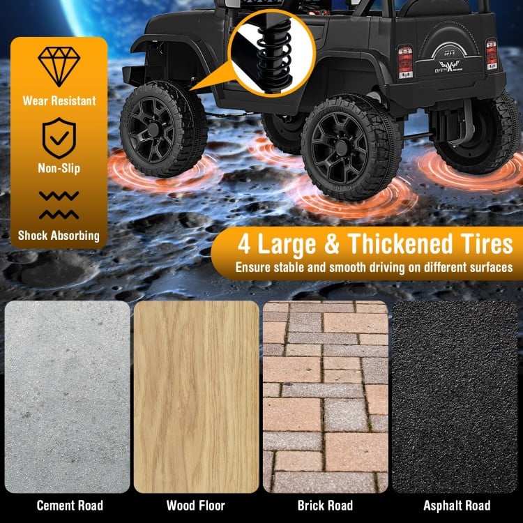 Large anti-slip tires of the 12V Kids Ride on Truck ensure stable driving on various surfaces for safe outdoor fun.
