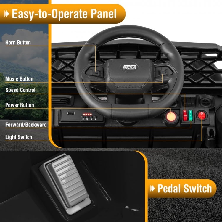 Steering panel of the 12V kids ride-on truck featuring control buttons, music player, and pedal switch for easy.