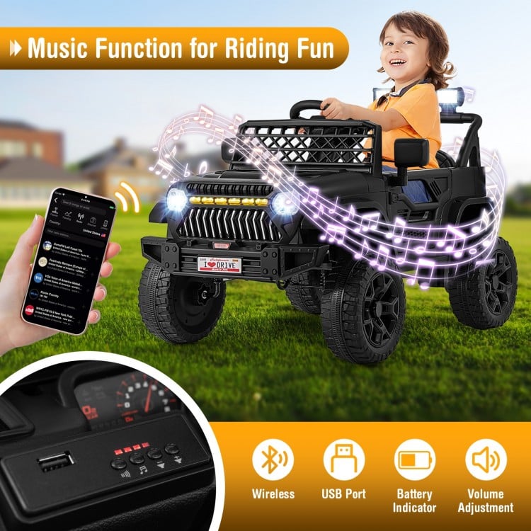 Black 12V kids ride-on truck with parental remote, music player, and LED lights for outdoor fun and safety.