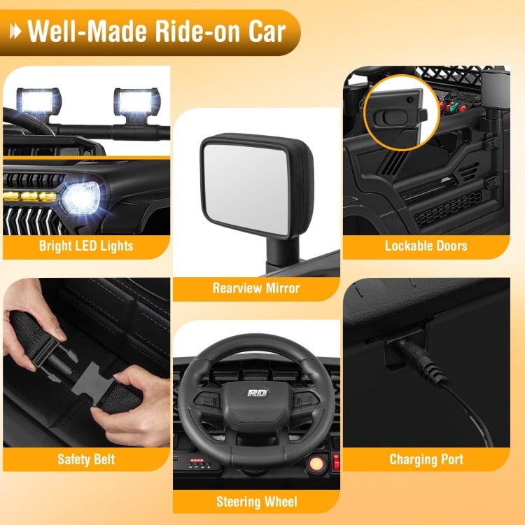 Close-up of the steering wheel and charging port of the 12V kids ride-on truck car with safety features and music.