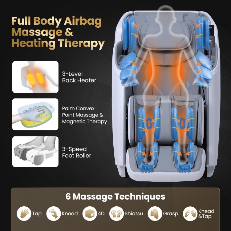 Gray 4D full body zero gravity massage recliner with airbags, foot rollers, and heating therapy for ultimate relaxation.