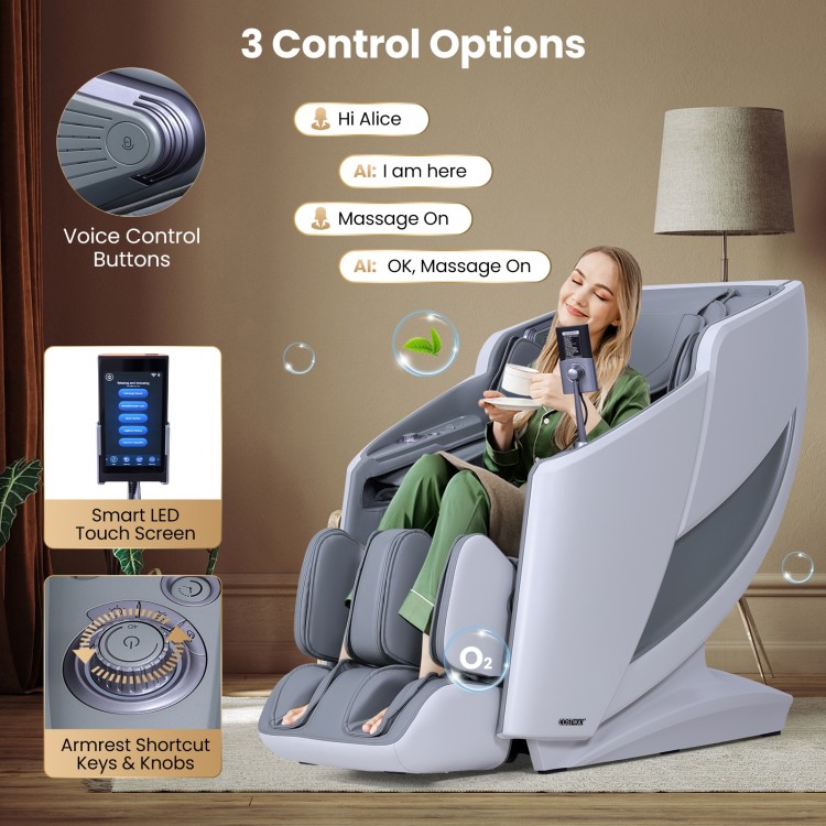4D Full Body Zero Gravity Massage Recliner in gray with smart LED touch screen and voice control for ultimate.