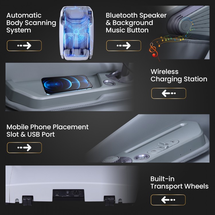 Close-up of the Enjoyment42-2025 massage recliner's Bluetooth speaker and wireless charging station for convenient use.