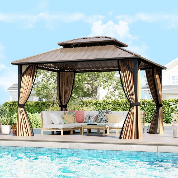 10x12 feet hardtop gazebo with netting and curtains, featuring a double-roof galvanized metal top for outdoor.