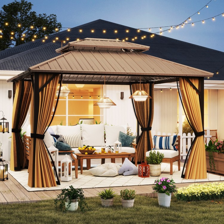 10 x 12 feet hardtop gazebo with waterproof galvanized metal roof, netting, and curtains for outdoor relaxation.
