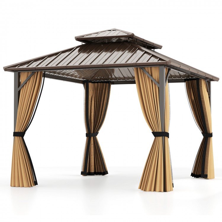 10 x 12 feet hardtop gazebo with waterproof galvanized metal roof, netting, and curtains for outdoor protection and.