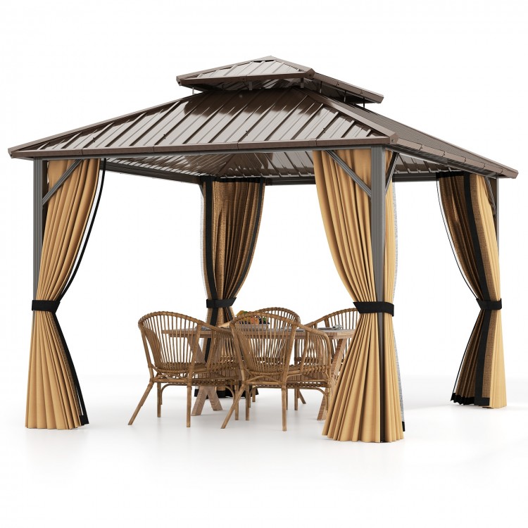 10 x 12 feet hardtop gazebo showcasing elegant curtains and mesh netting, perfect for outdoor gatherings and protection.