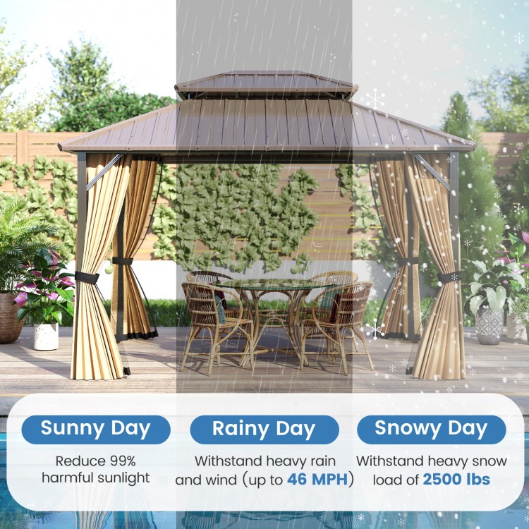 10x12 feet hardtop gazebo with waterproof metal roof, netting, and curtains for sun, rain, and snow protection.