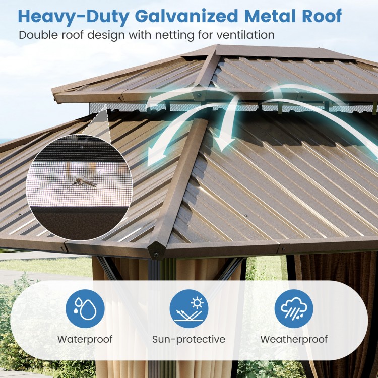 Heavy-duty galvanized metal roof gazebo with double roof design, waterproof and sun-protective for outdoor use.