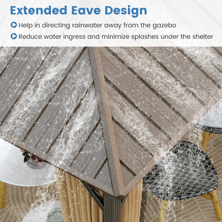 Extended eave design of the 10x12 feet hardtop gazebo directs rainwater away, enhancing weather protection and comfort.