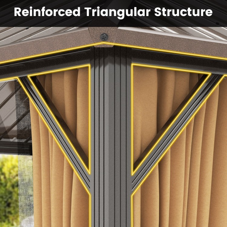 Reinforced triangular structure of the 10 x 12 feet hardtop gazebo, showcasing durable aluminum frame and weatherproof.