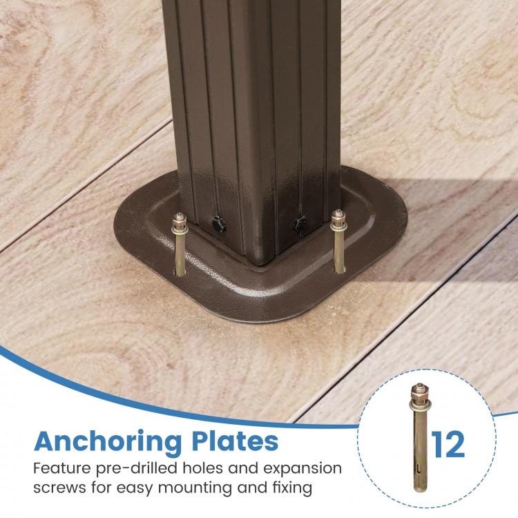 Anchoring plates with pre-drilled holes and screws for easy mounting of the 10 x 12 feet hardtop gazebo.