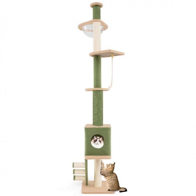 Floor to ceiling cat tree with adjustable height, cozy condo, and scratching posts for playful feline fun.