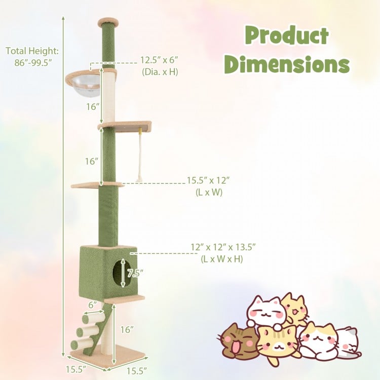 Adjustable floor-to-ceiling cat tree in green, featuring cozy condo, scratching posts, and 3-step ladder for climbing.