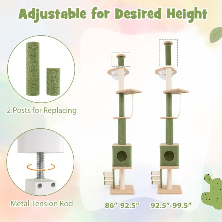 Floor to ceiling cat tree with adjustable height, featuring cozy condo, scratching posts, and 2 replaceable green posts.