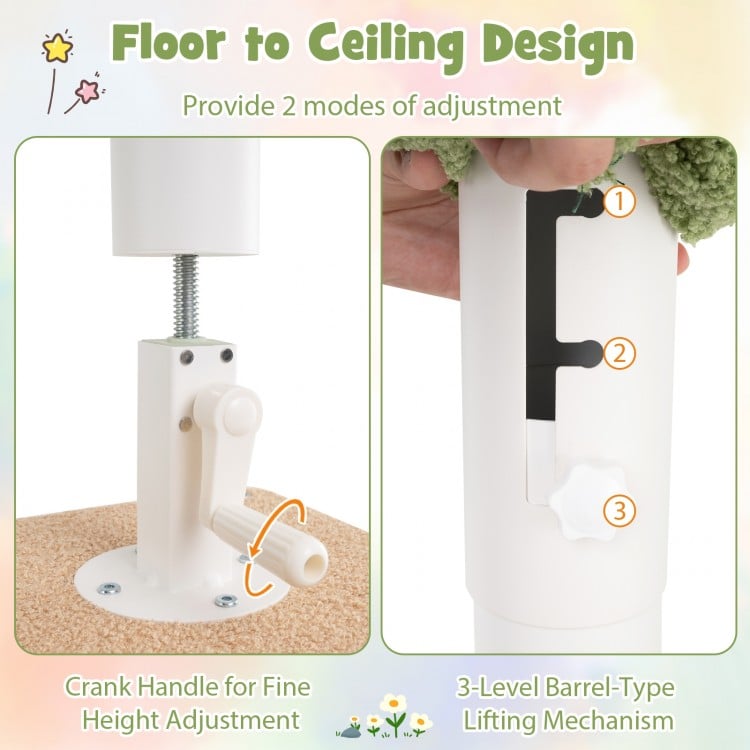 Adjustable floor-to-ceiling cat tree with 86-99.5 inch height, featuring a crank handle and cozy cat condo for secure.