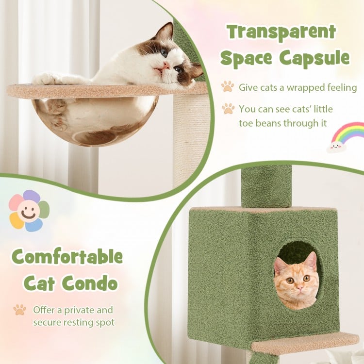 Transparent space capsule and cozy cat condo on an adjustable floor-to-ceiling cat tree for secure lounging and play.