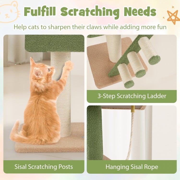 Cat tree featuring a 3-step scratching ladder, sisal scratching posts, and adjustable height for playful feline fun.