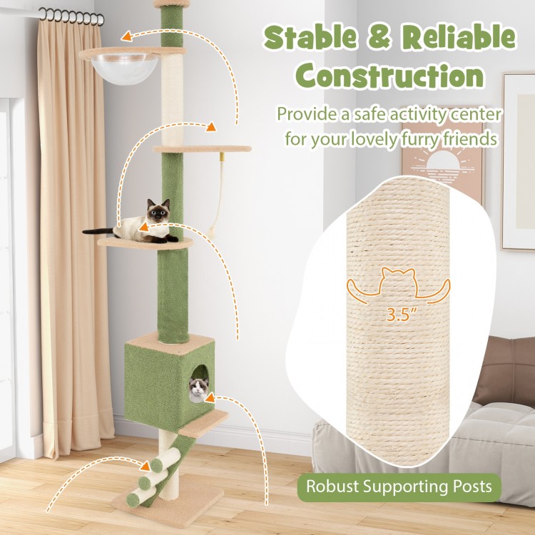 Floor to ceiling cat tree with adjustable height, cozy condo, and robust supporting posts for safe feline fun.