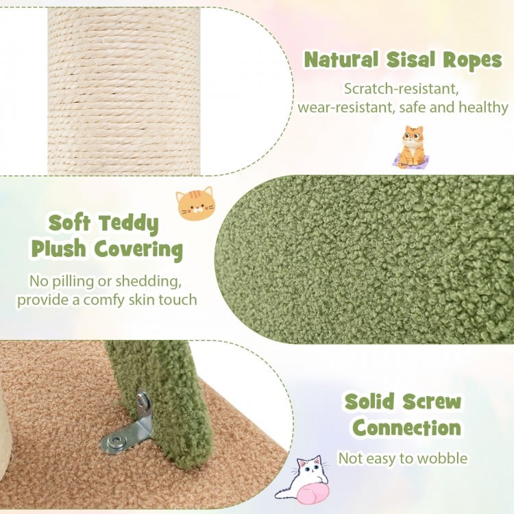 Close-up of the soft teddy plush covering on the cat tree, featuring scratch-resistant natural sisal ropes for added.