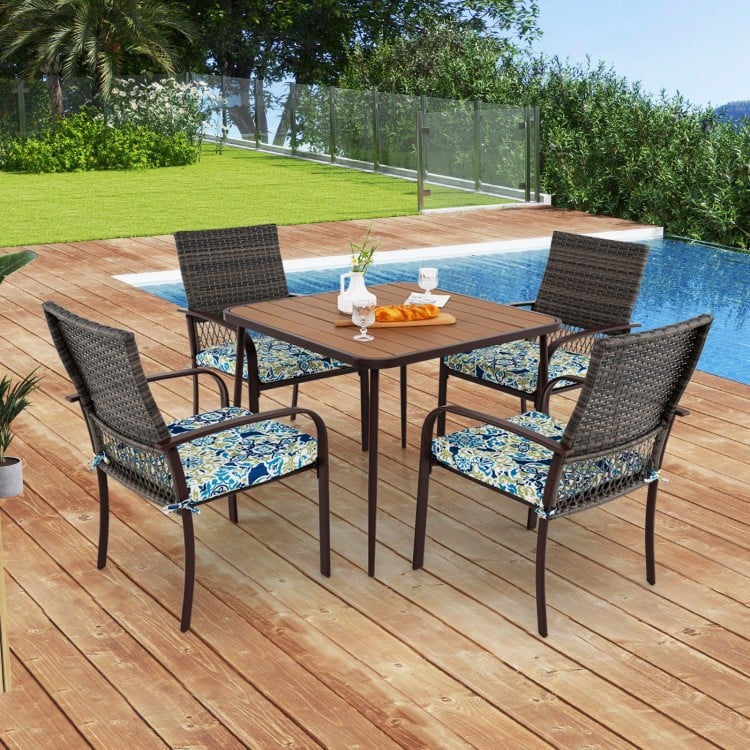 5-piece patio dining set featuring cushioned rattan armchairs and a 35" square table, perfect for outdoor relaxation.