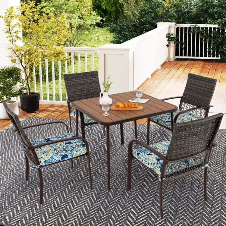 5-piece patio dining set featuring a square table and 4 cushioned rattan armchairs, perfect for outdoor relaxation.