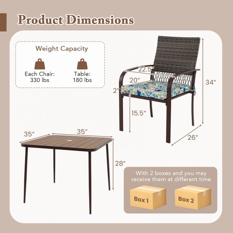 Patio dining set featuring cushioned rattan armchairs and a 35" square table, ideal for backyard and poolside.
