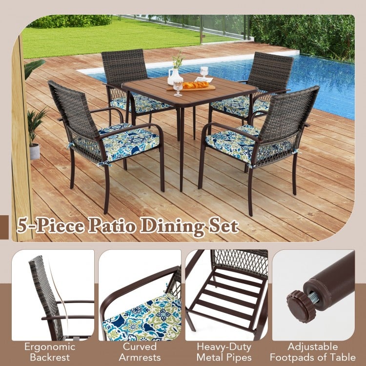 5-piece patio dining set featuring 4 cushioned rattan armchairs and a 35" square table, perfect for outdoor gatherings.