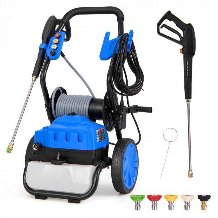 Electric pressure washer in blue with wheels, 2300 PSI, 5 quick connect nozzles, ideal for versatile cleaning tasks.