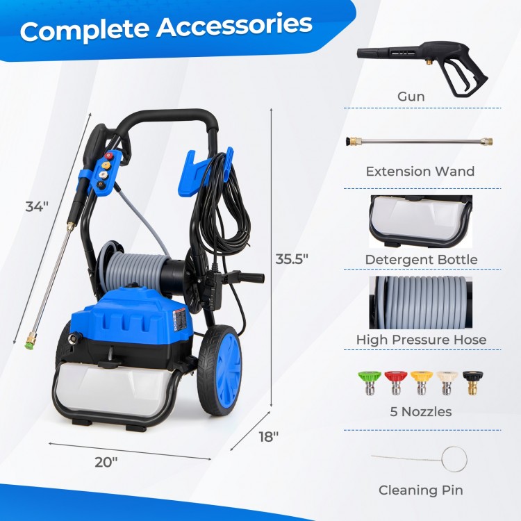 Electric pressure washer with wheels, 2300 PSI, 1.8 GPM, includes 5 nozzles and detergent bottle for versatile cleaning.
