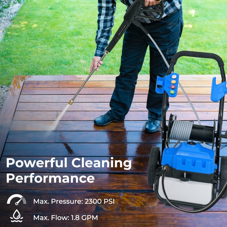 Electric pressure washer with wheels, 2300 PSI, 1.8 GPM, shown in use on a wooden surface for effective cleaning.