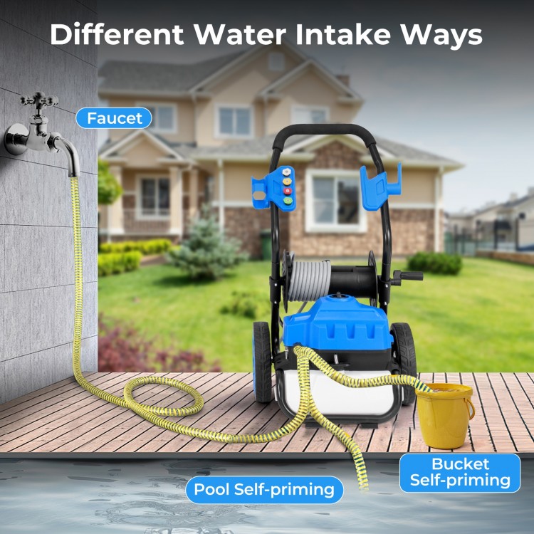 Electric pressure washer with wheels, showcasing various water intake options: faucet, pool self-priming, and bucket.