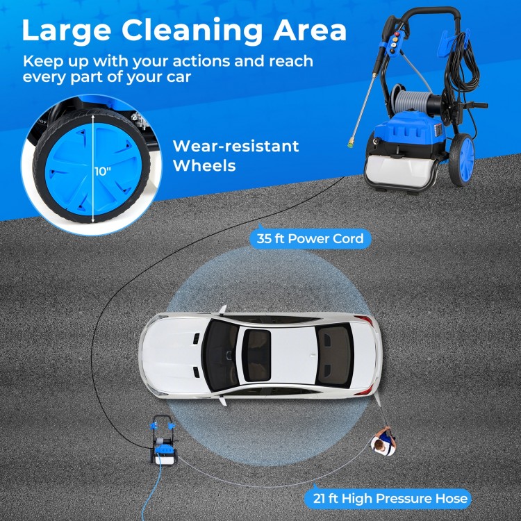 Electric pressure washer with 21 ft high-pressure hose and 35 ft power cord, ideal for cleaning cars and surfaces.