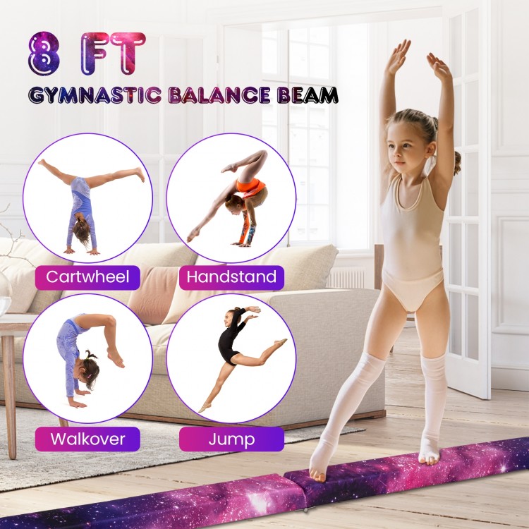 8 ft folding balance beam with solid wood base and anti-slip bottom, ideal for home training or gymnastic clubs.