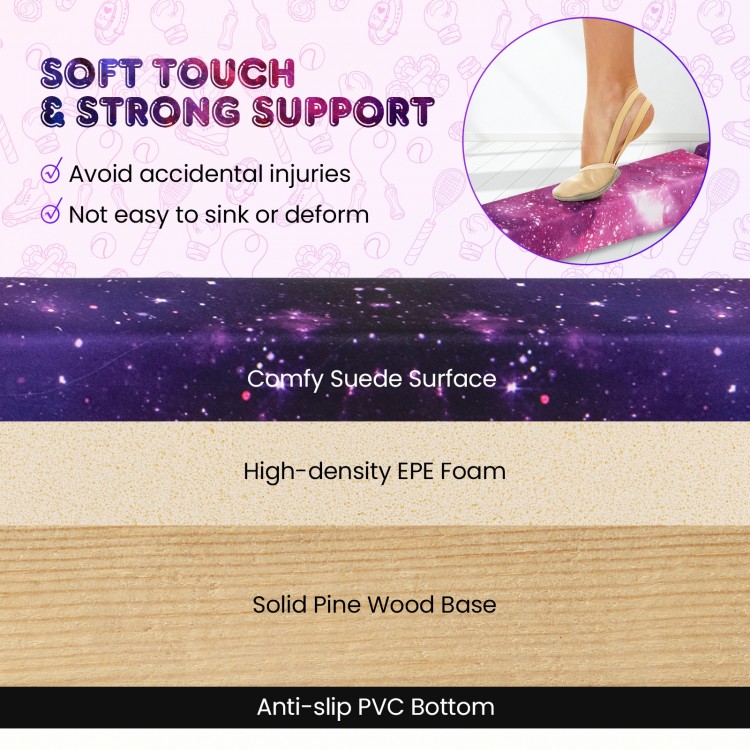Folding balance beam with solid wood base, soft suede surface, and anti-slip bottom for secure practice at home or gym.